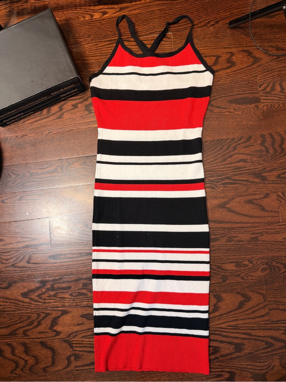 Ardene M Knit Midi Sleeveless Black Red White Striped Cross Straps Dress